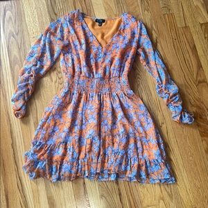Jessica Simpson Orange Blue Floral Long-Sleeve Smocked Dress